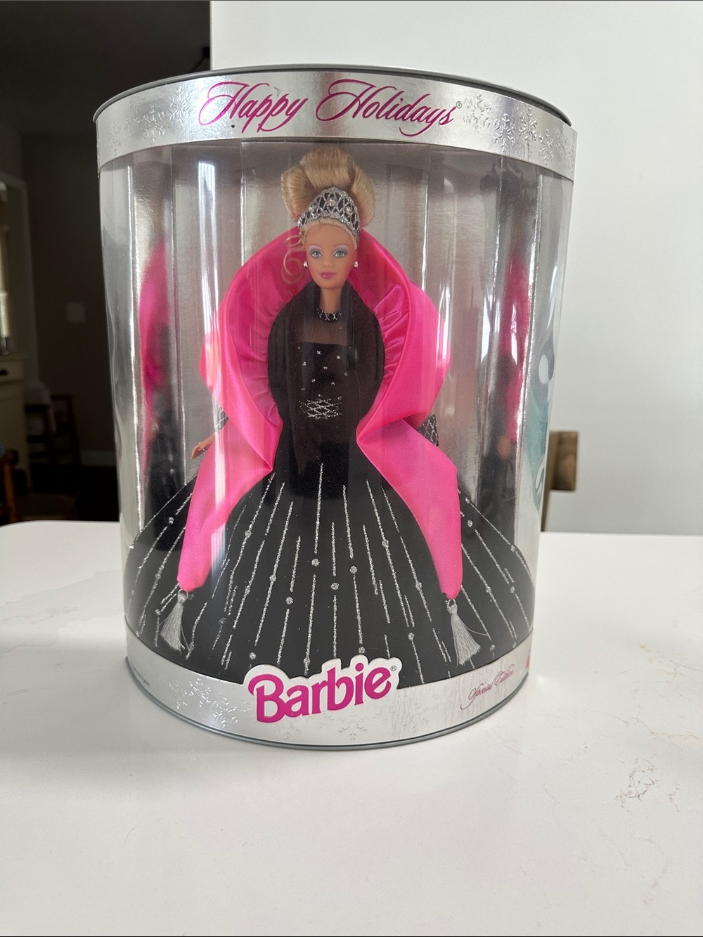 NIB 1998 Holiday Barbie- Black Gown with Bright Pink Wrap Holiday Doll